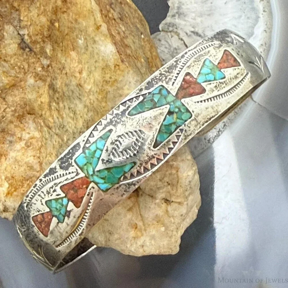 Vintage Native American Silver Turquoise & Coral Chip Inlay Bracelet For Women